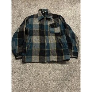 Vintage 1970s Woolrich Wool Workwear Coat Size 42 Green Black Buffalo Plaid